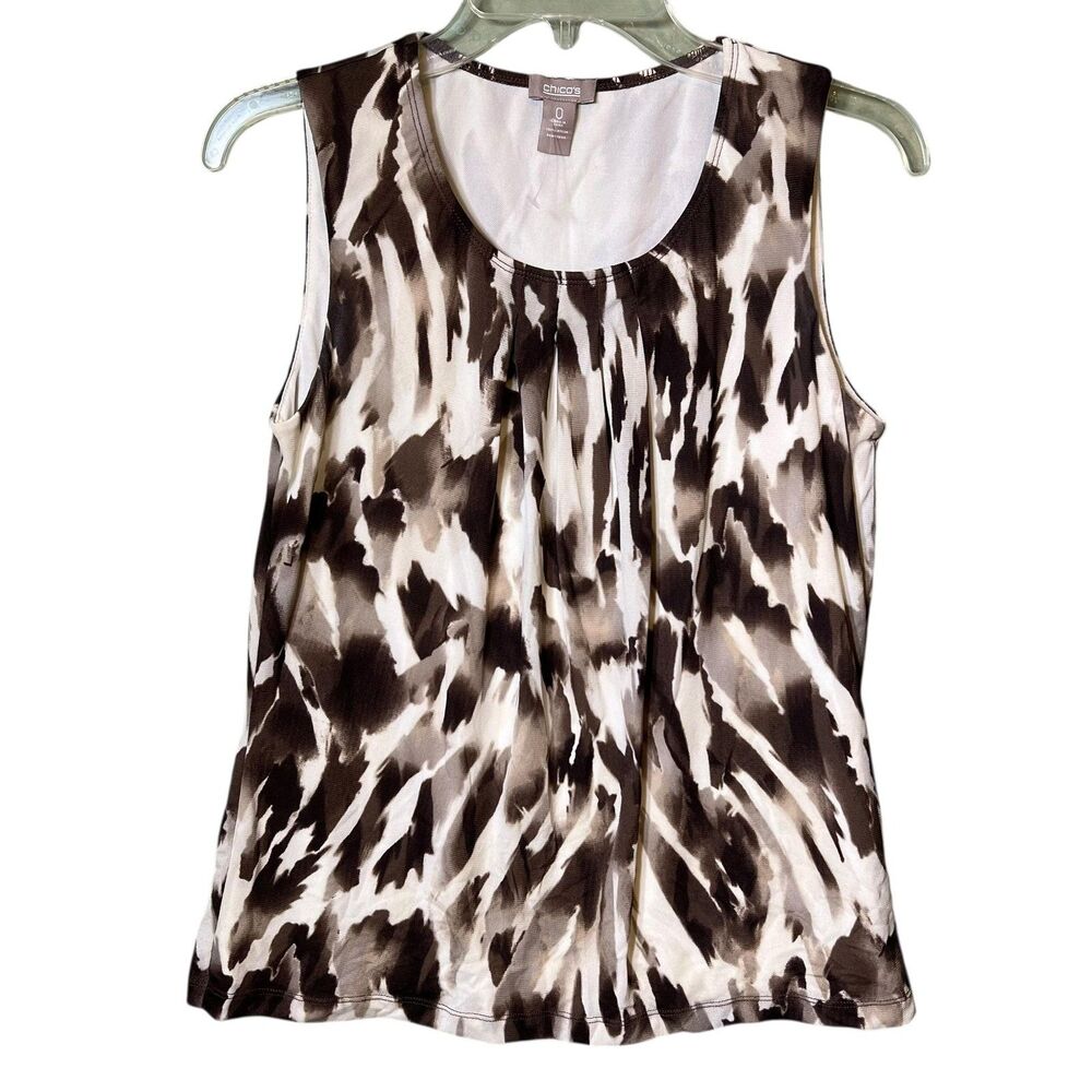 Chico's Shirt Womens 0 Brown Black Ivory Abstract Print Tank Top Pleated Neck
